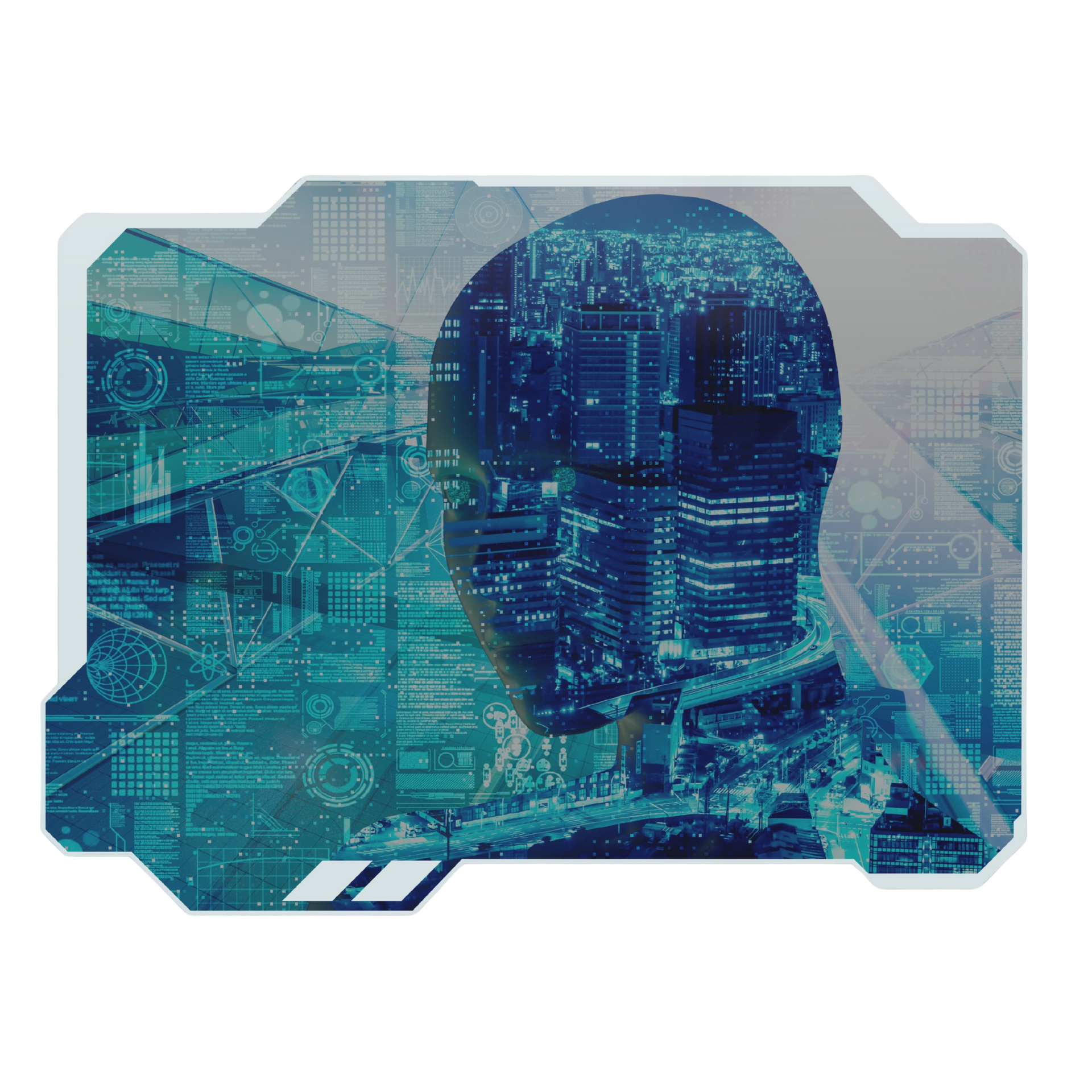 A silhouette of a person 's head with a city in the background.