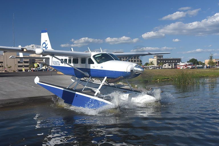 Small blue-and-white seaplane floating on water near a shoreline and buildings