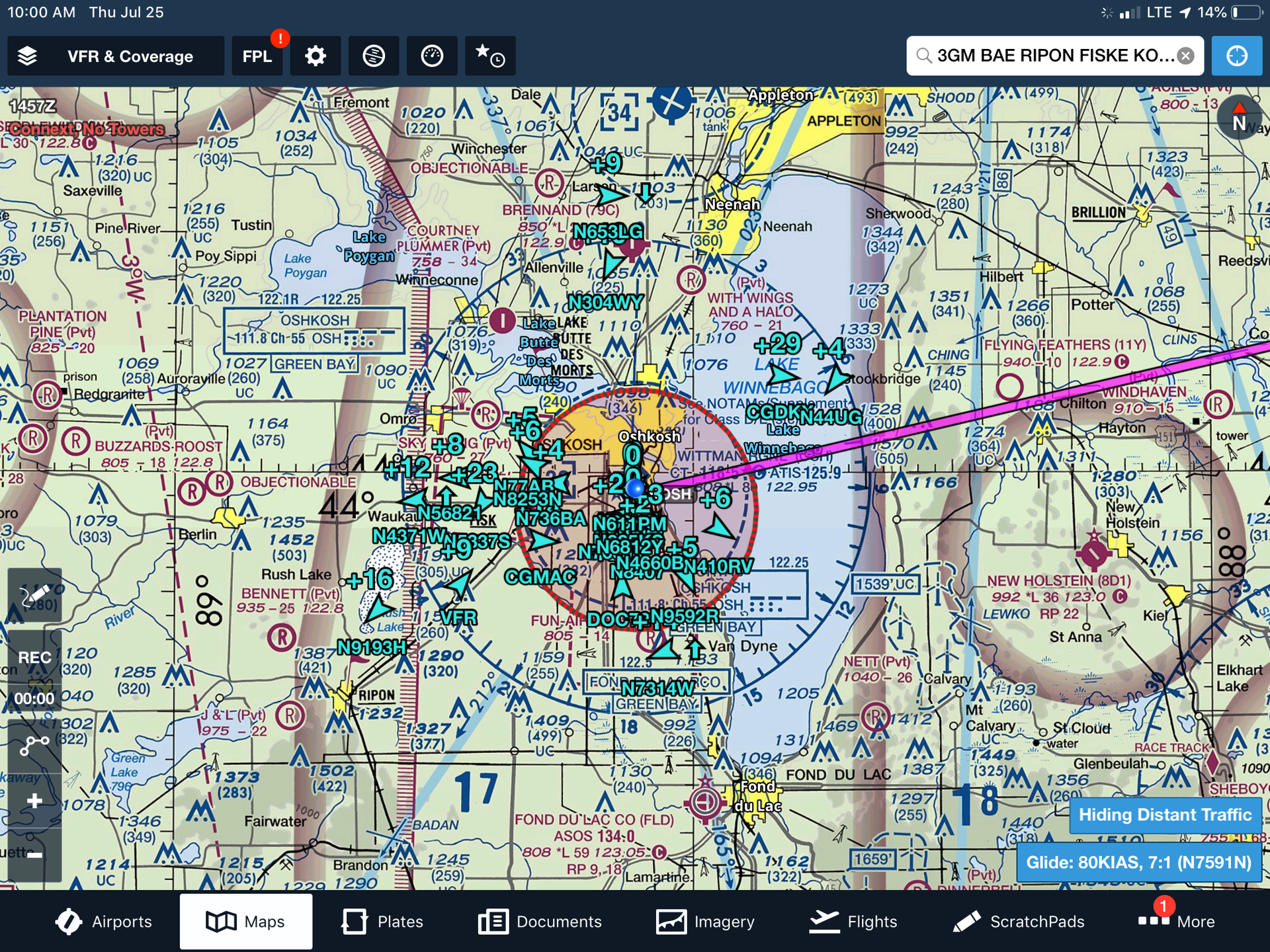 Aviation chart with colored route overlays and airspace markings on a map interface.