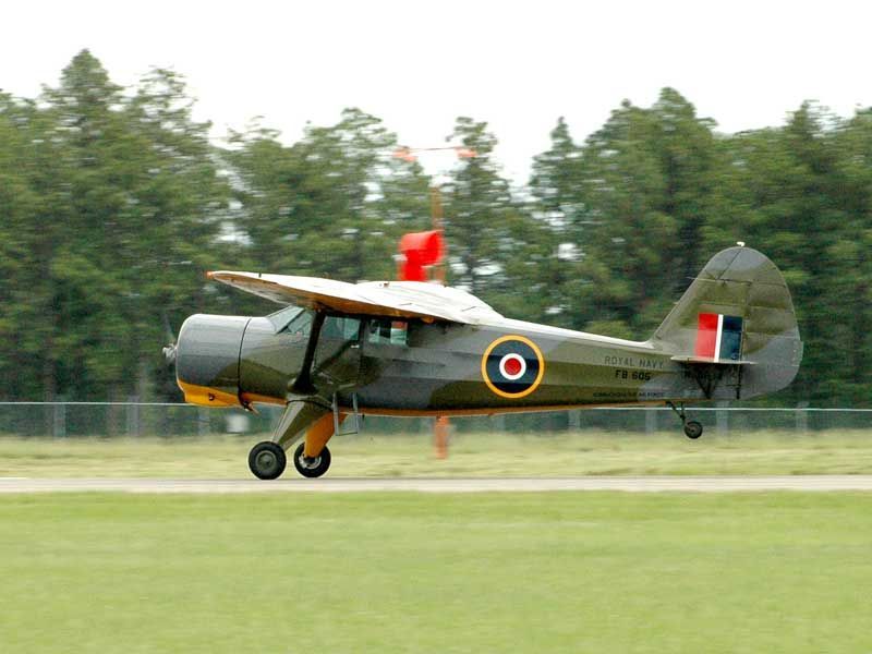 Vintage propeller airplane in RAF markings flying low over a grassy airfield.