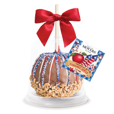 Chocolate-dipped caramel apple with patriotic red, white, and blue drizzle, tied with a red bow in a clear gift box.