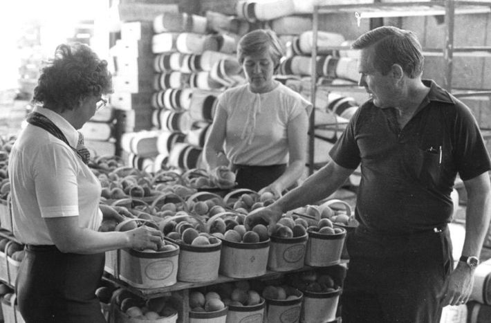 Three people selecting fruit at an outdoor market stall filled with crates of produce