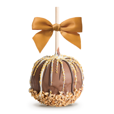 Chocolate-covered caramel apple with gold drizzle and a gold bow on a stick