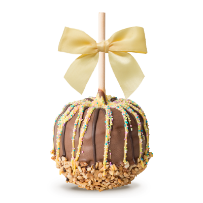 Caramel apple with chocolate drizzle, crushed nuts, and a gold bow on a stick