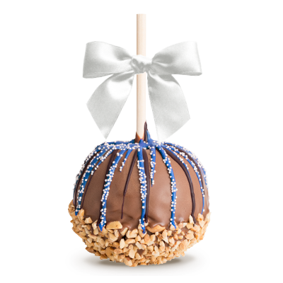 Chocolate caramel apple with blue sprinkles, stick and silver bow on a white background