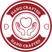 Red circular hand-crafted logo with hands holding a heart and small heart icons on each side