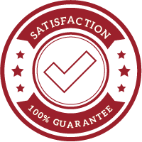 Red satisfaction guarantee seal with checkmark and stars, 100% guarantee text