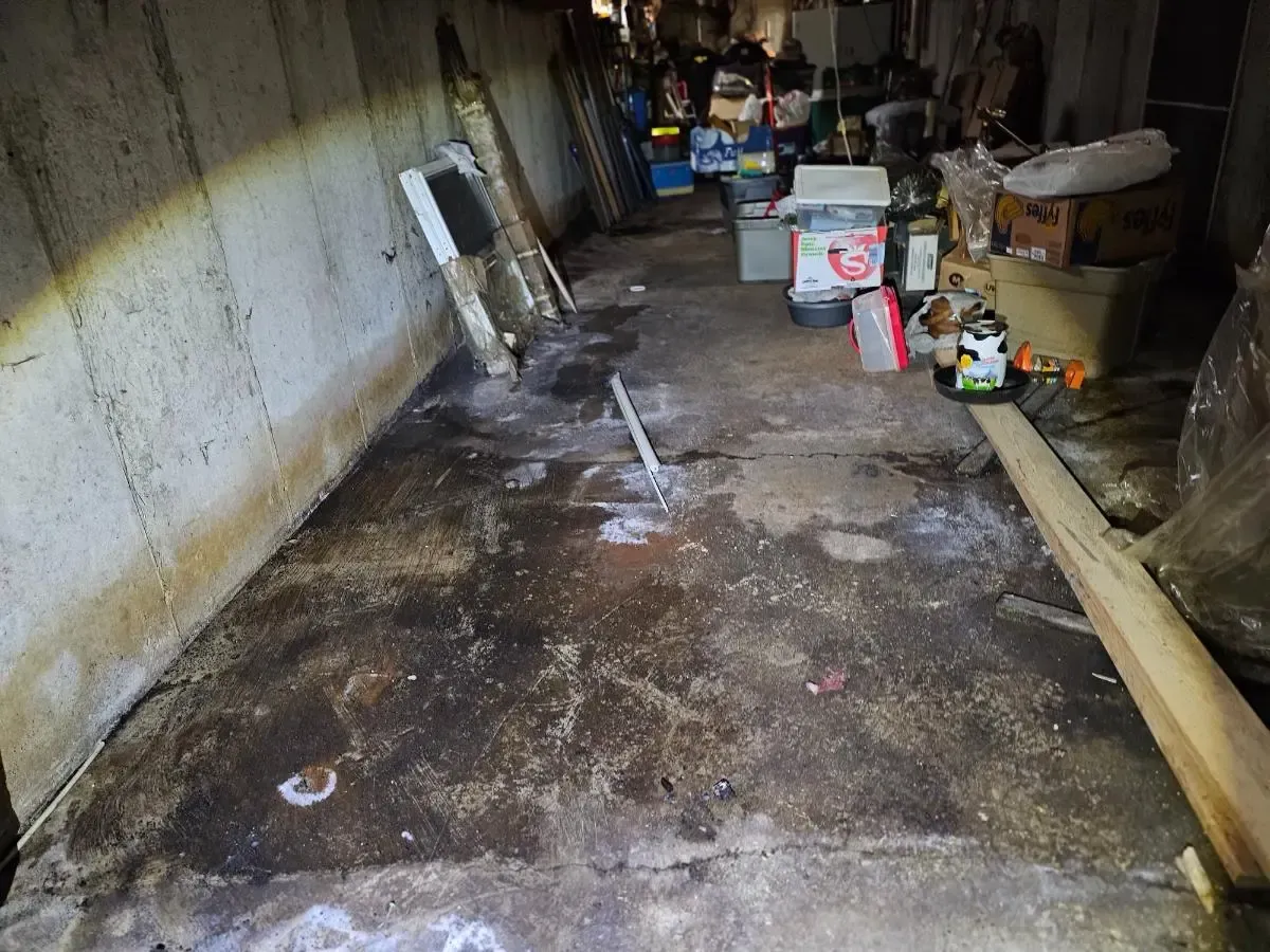 A cluttered basement with a concrete floor, walls, and various items stored against the walls.