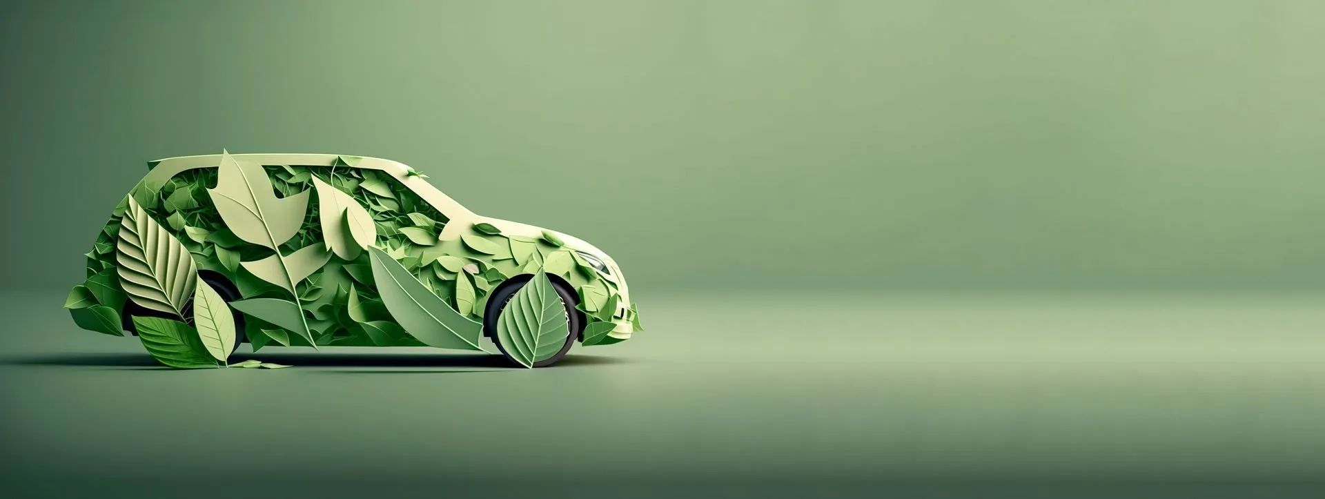 A green car made of leaves on a green background - Patterson Brothers Automotive