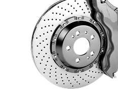 A close up of a brake disc with a brake caliper attached to it on a white background. | Patterson Custom Diesel/Automotive