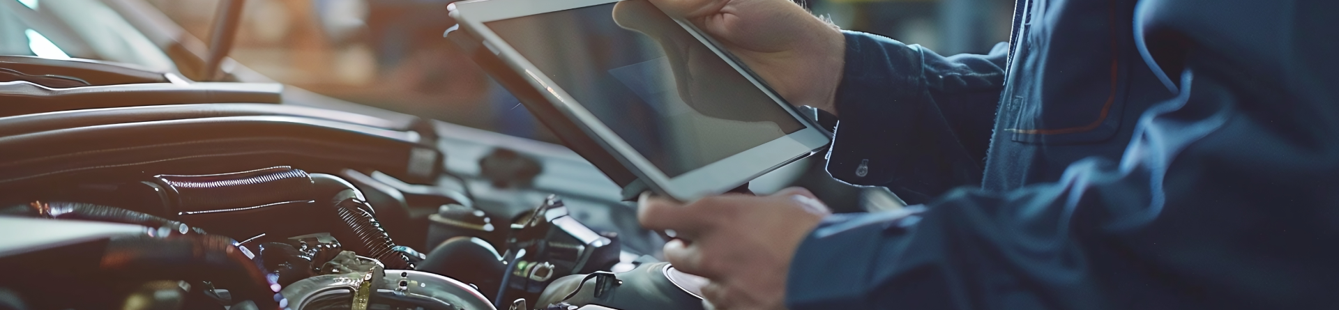 A mechanic is using a tablet computer while working on a car. | Patterson Custom Diesel/Automotive