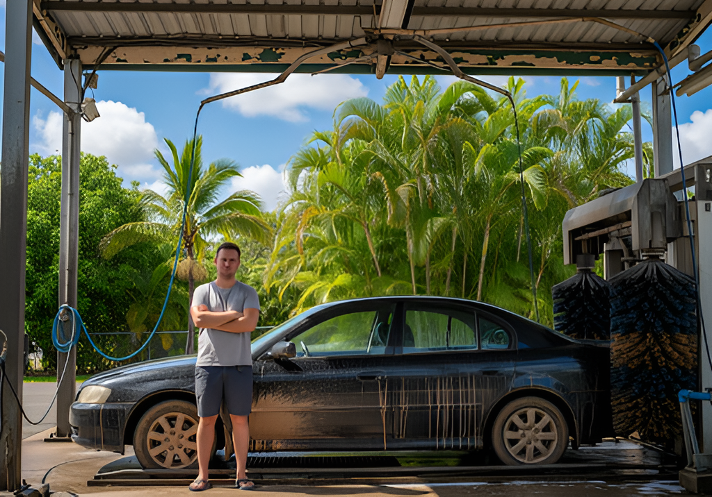 Man Standing in a Car Wash, Arms Crossed — Mobile Club Cars Cairns in Earlville, QLD