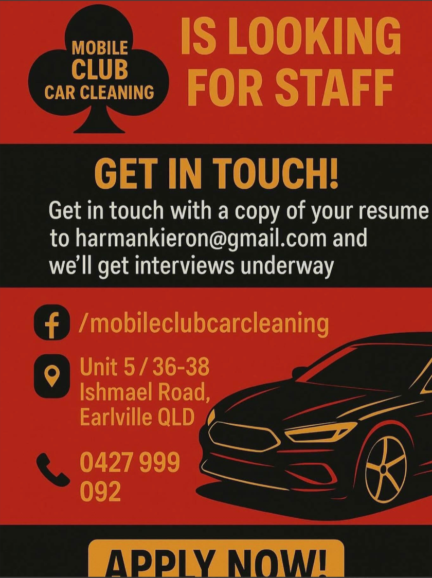 Mobile Club Car Cleaning Staff Wanted Ad — Mobile Club Cars Cairns in Earlville, QLD