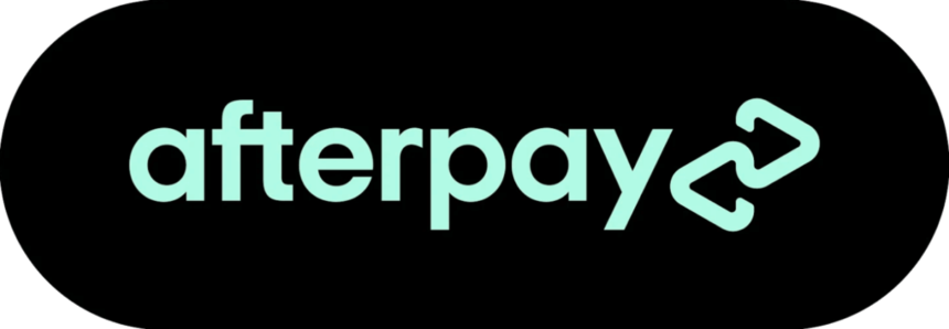 Afterpay logo on a black rounded rectangle, white lowercase text with teal icon