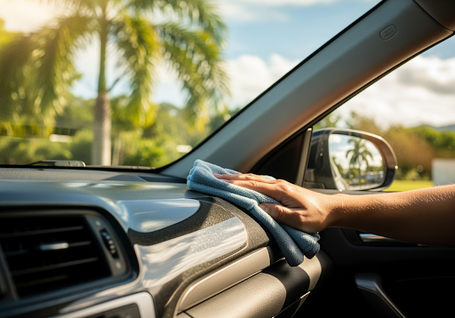 Hand Wiping a Car Dashboard With a Blue Cloth — Mobile Club Cars Cairns in Earlville, QLD
