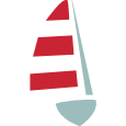 A red and white striped sailboat on a white background.