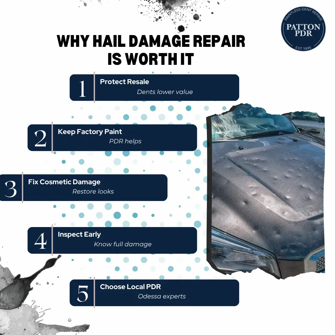 Infographic on hail damage repair worthiness with five damage types and a dented car roof photo