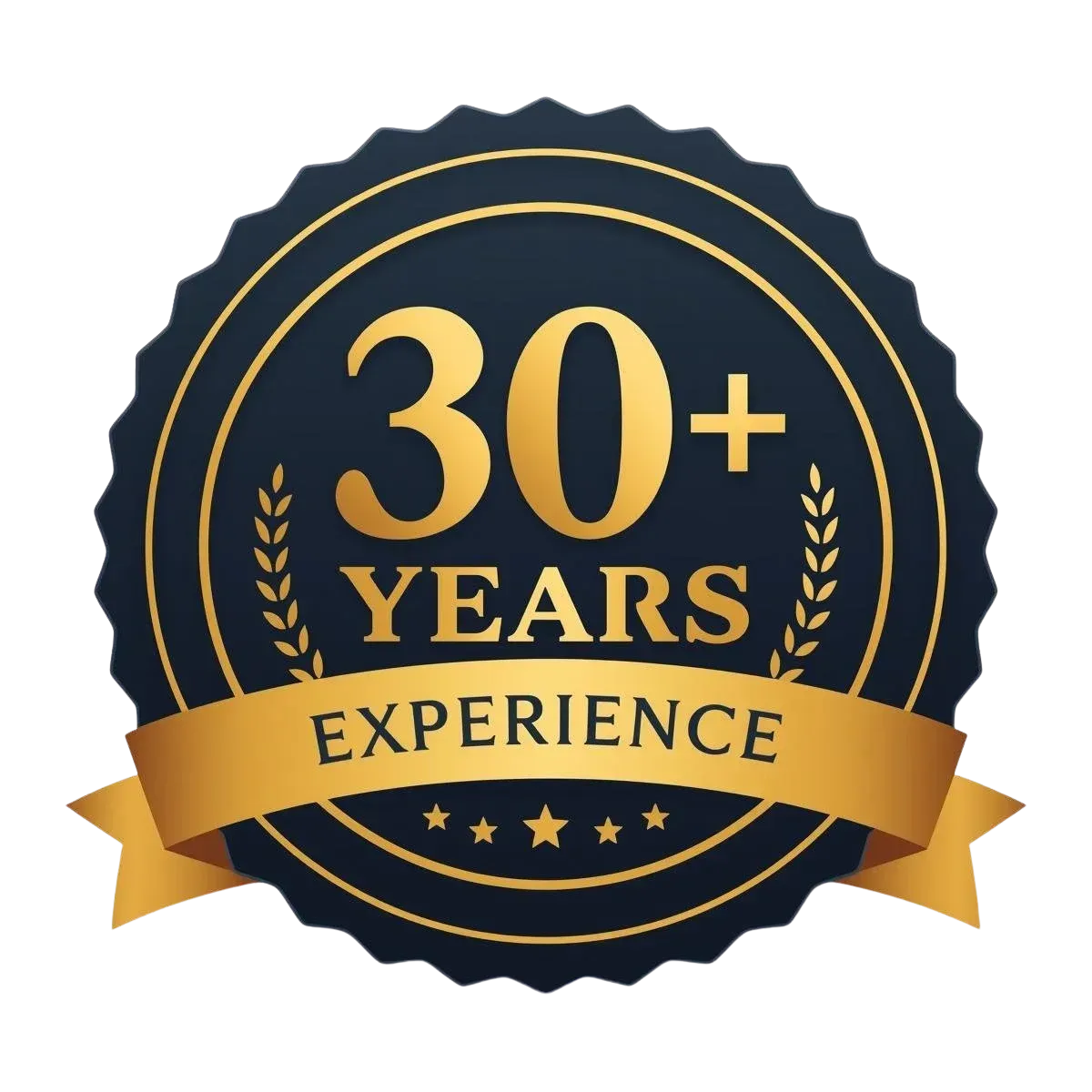 Gold and navy badge reading “30+ Years Experience” with ribbon and stars
