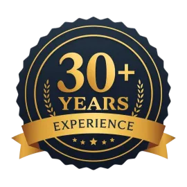 Gold and navy badge reading “30+ YEARS EXPERIENCE” with laurel accents and ribbon banner