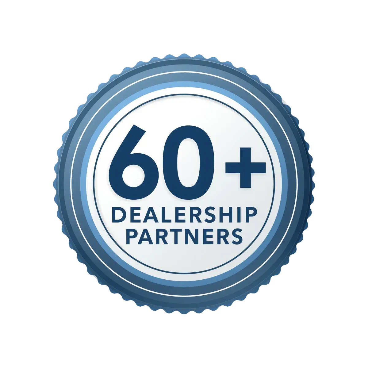 Blue seal badge reading “60+ Dealership Partners”