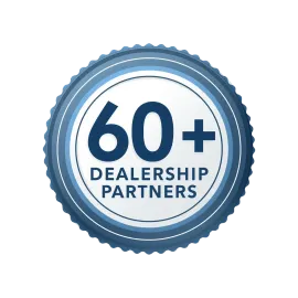 Blue seal badge reading “60+ Dealership Partners”