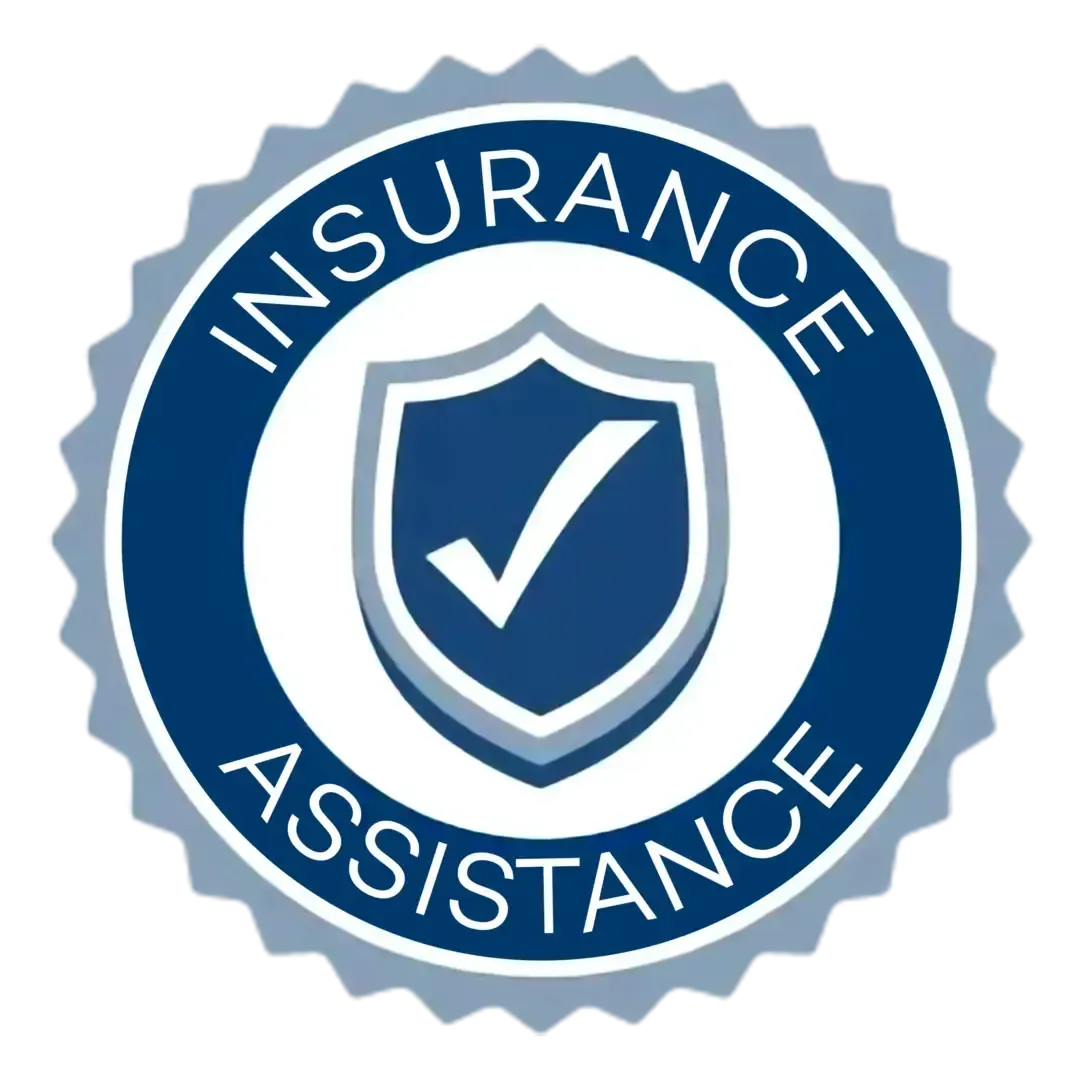 Blue insurance assistance badge with shield and checkmark icon