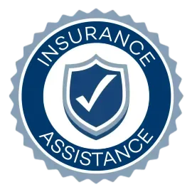 Blue “Insurance Assistance” badge with a shield and checkmark icon