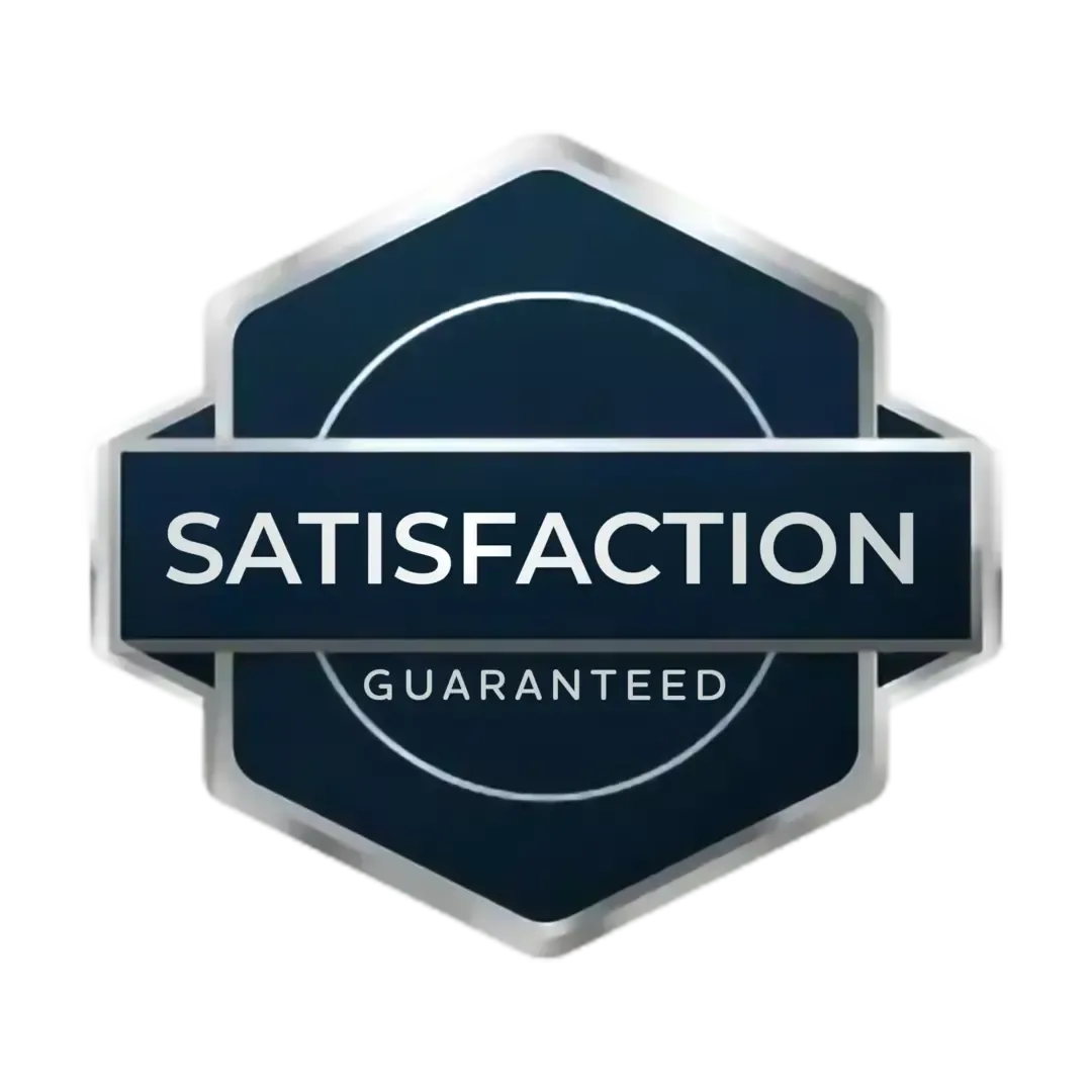 Blue badge with “SATISFACTION GUARANTEED” in white text on a dark navy hexagon