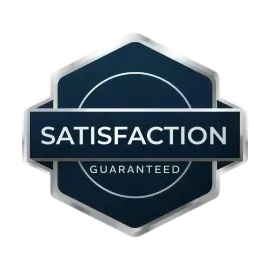 Blue hexagon badge with white “SATISFACTION GUARANTEED” text and a silver border