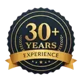Gold and black “30+ Years Experience” badge with ribbon and starburst design