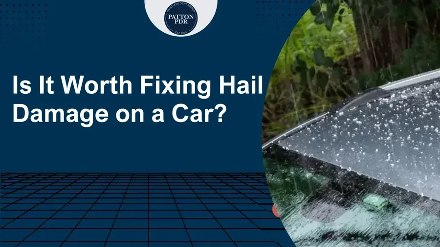 Graphic asking “Is It Worth Fixing Hail Damage on a Car?” with a car windshield hit by hailstones