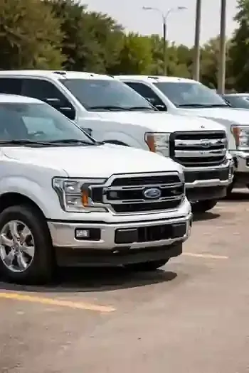 White Ford trucks parked in a lot on a sunny day