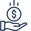 Hand holding a money bag icon with upward bars above it, in dark blue outline.