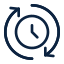 Navy blue clock/stopwatch icon with a circular arrow around the top, suggesting time or refresh.