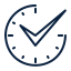 Black checkmark inside a clock face icon with blue and green accent marks