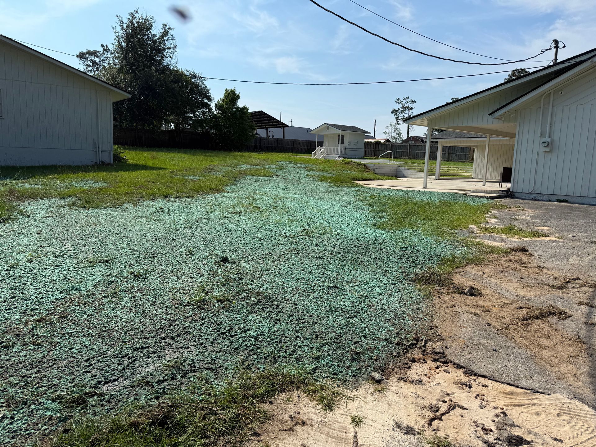 Damaged driveway and lawn with shattered green glass between white buildings on a sunny day