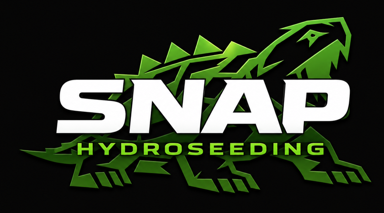 SNAP Hydroseeding logo with green turtle and bold white text on black background