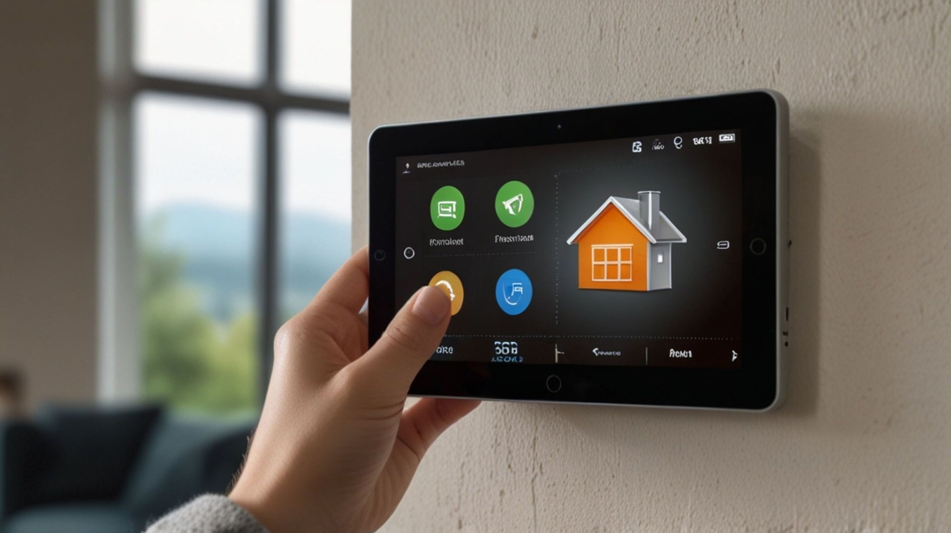 Hand using a wall-mounted smart home touchscreen with house, thermostat, and security icons.