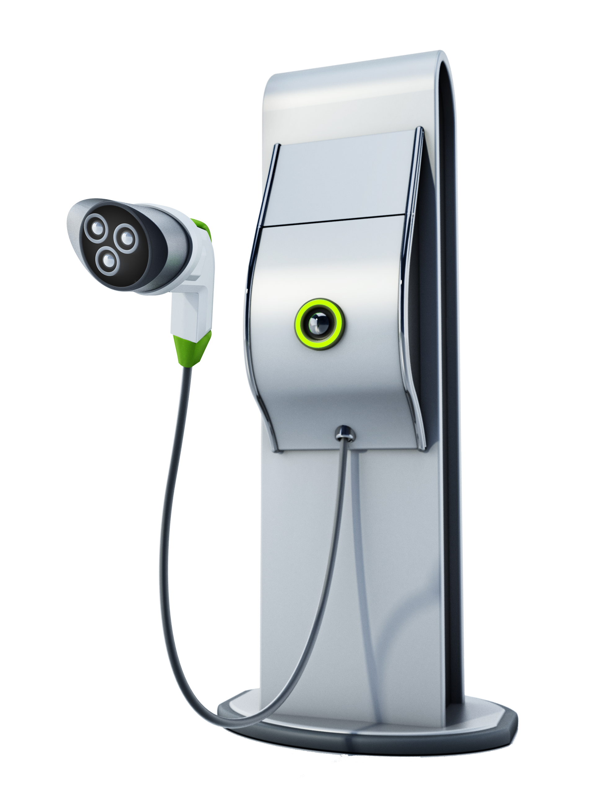 Wall-mounted electric vehicle charging station with attached cable and plug, silver and black design