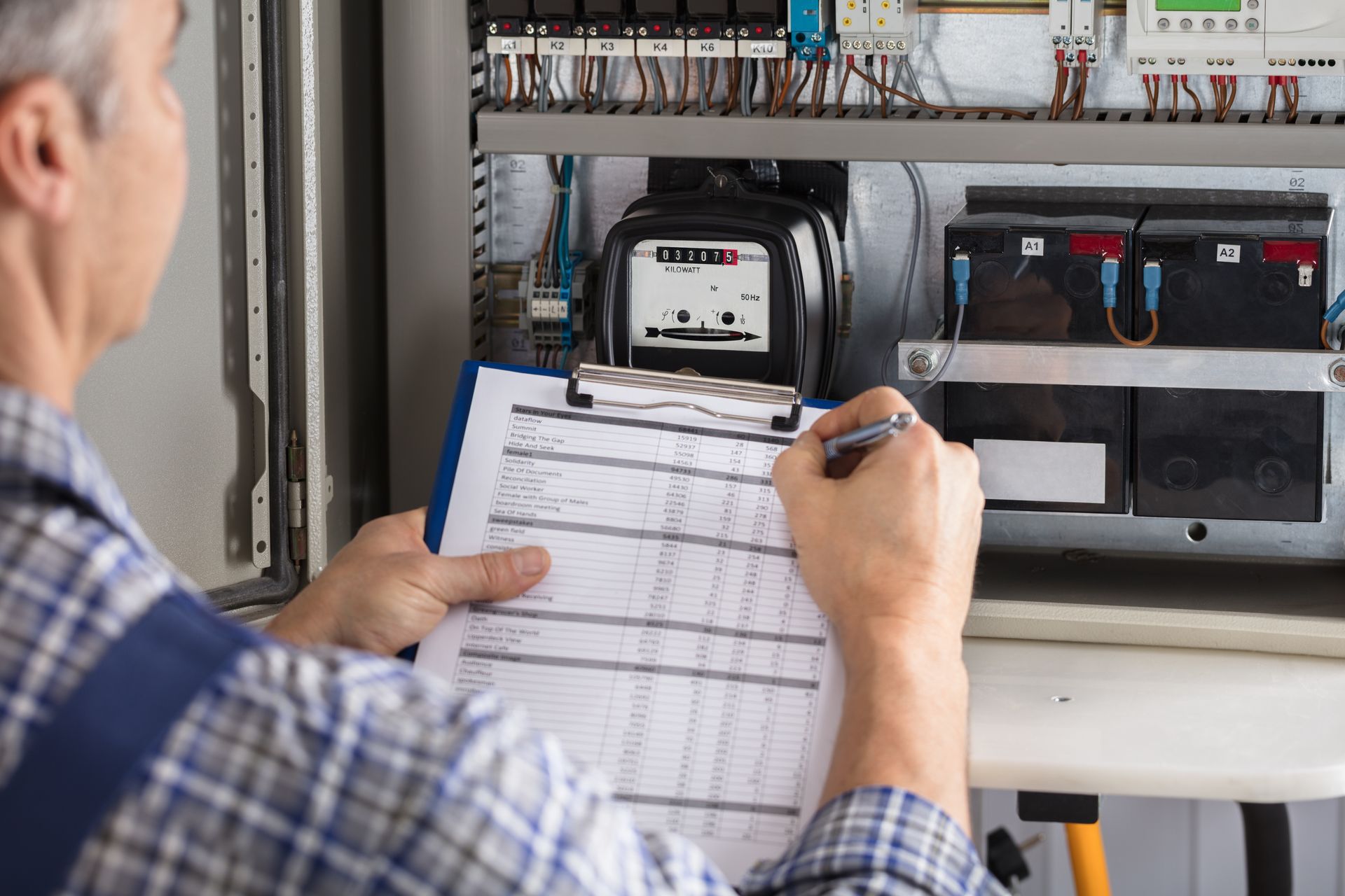 Technician taking notes while inspecting electrical control panel components in a workshop