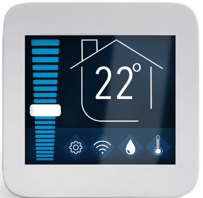 Smart thermostat displaying 22° with blue temperature bars and home, Wi‑Fi, flame, and thermometer icons