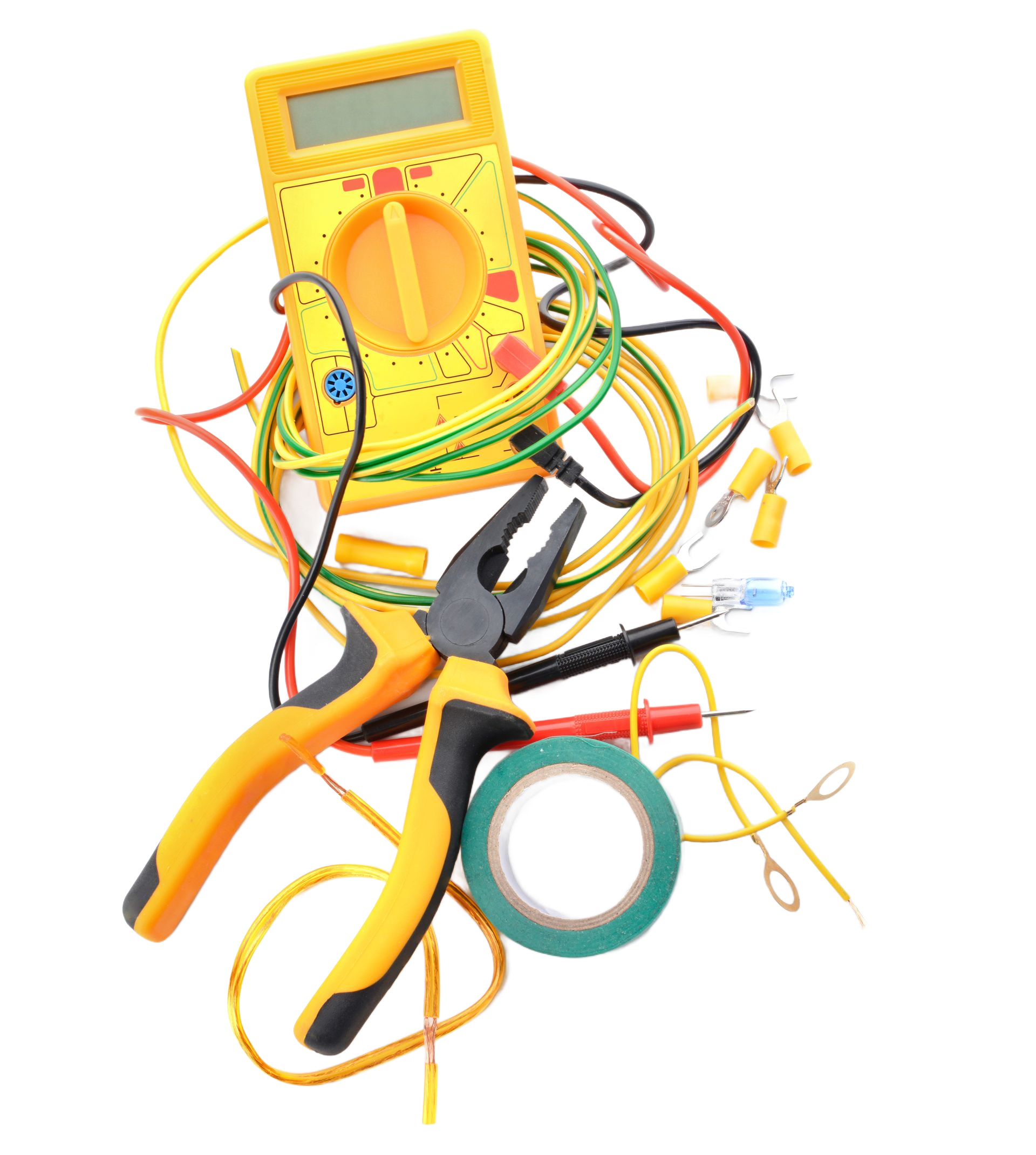 Assorted electrical tools and tangled wires, including pliers, tape, and a multimeter.