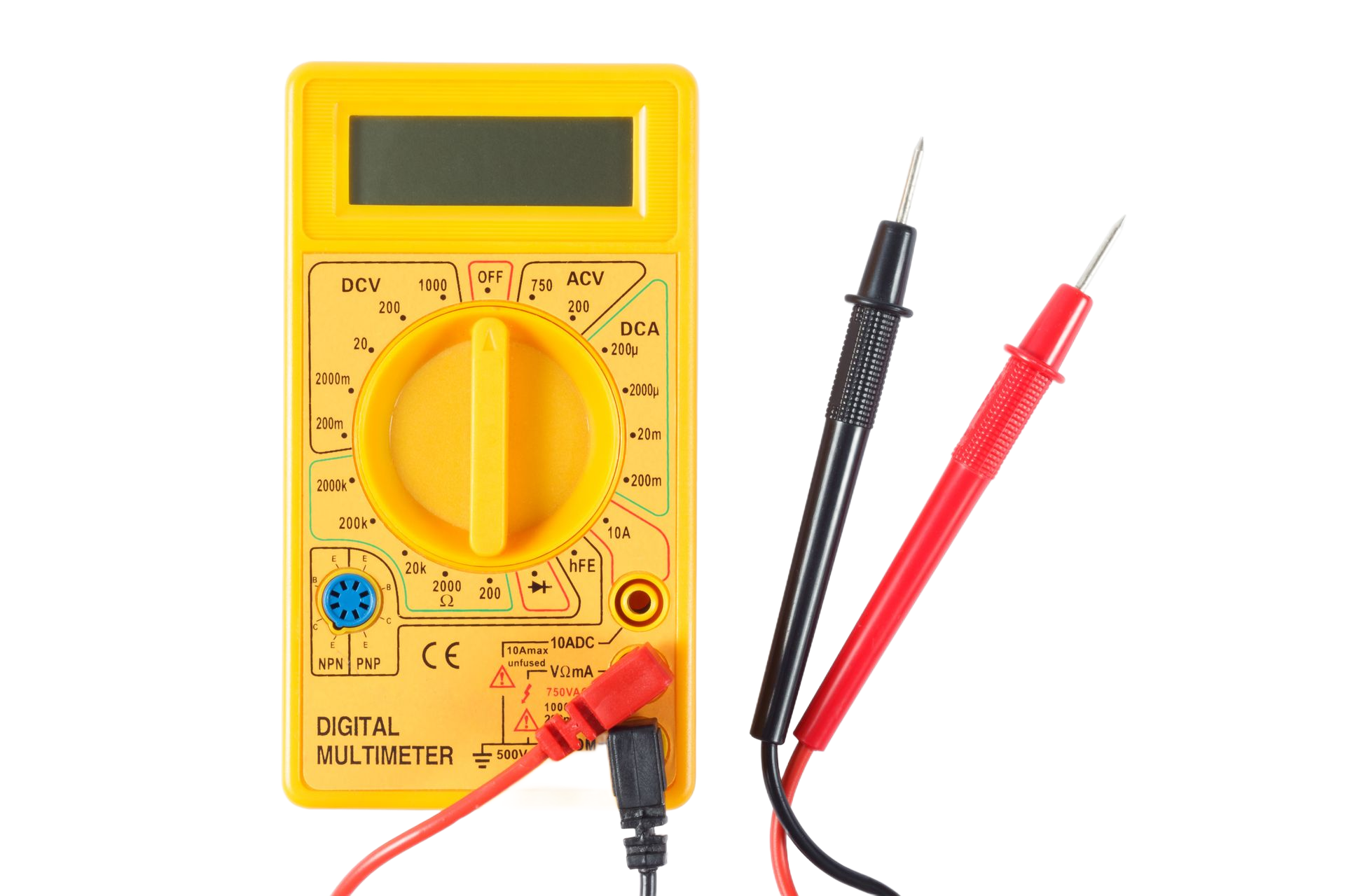 Yellow digital multimeter with black and red test probes on a white background