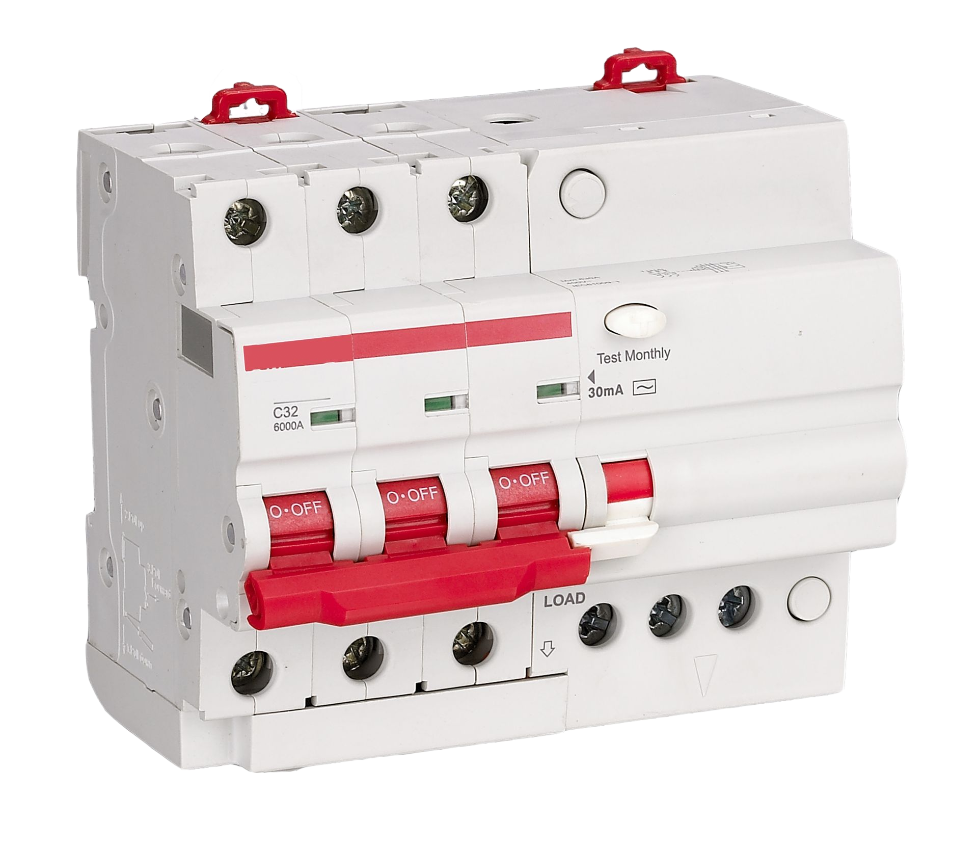 White electrical circuit breaker with red switches and labels, shown on a plain background
