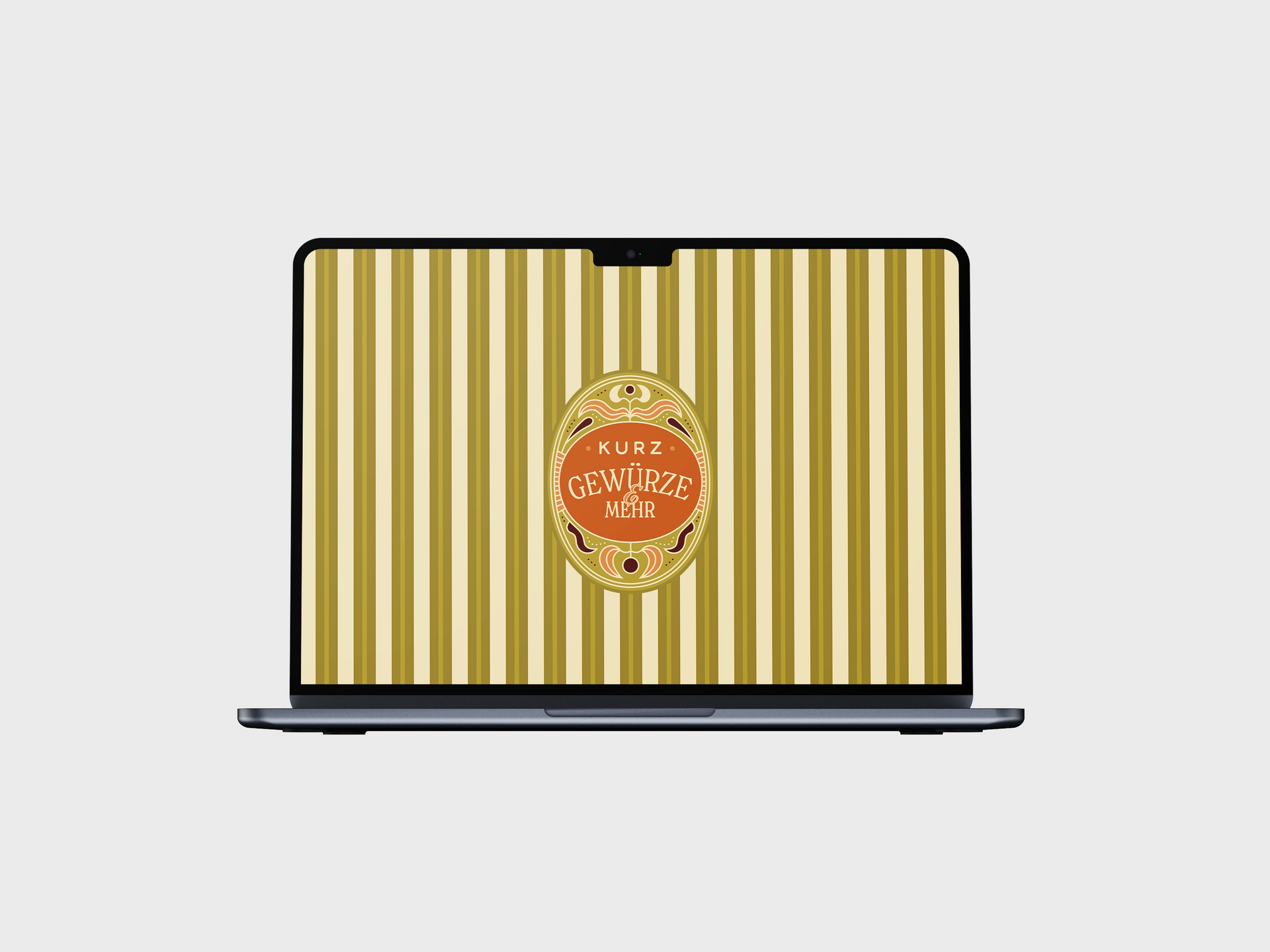 Laptop mit Hintergrundbild, das gestreift ist und ein kunstvolles Logo zeigt.