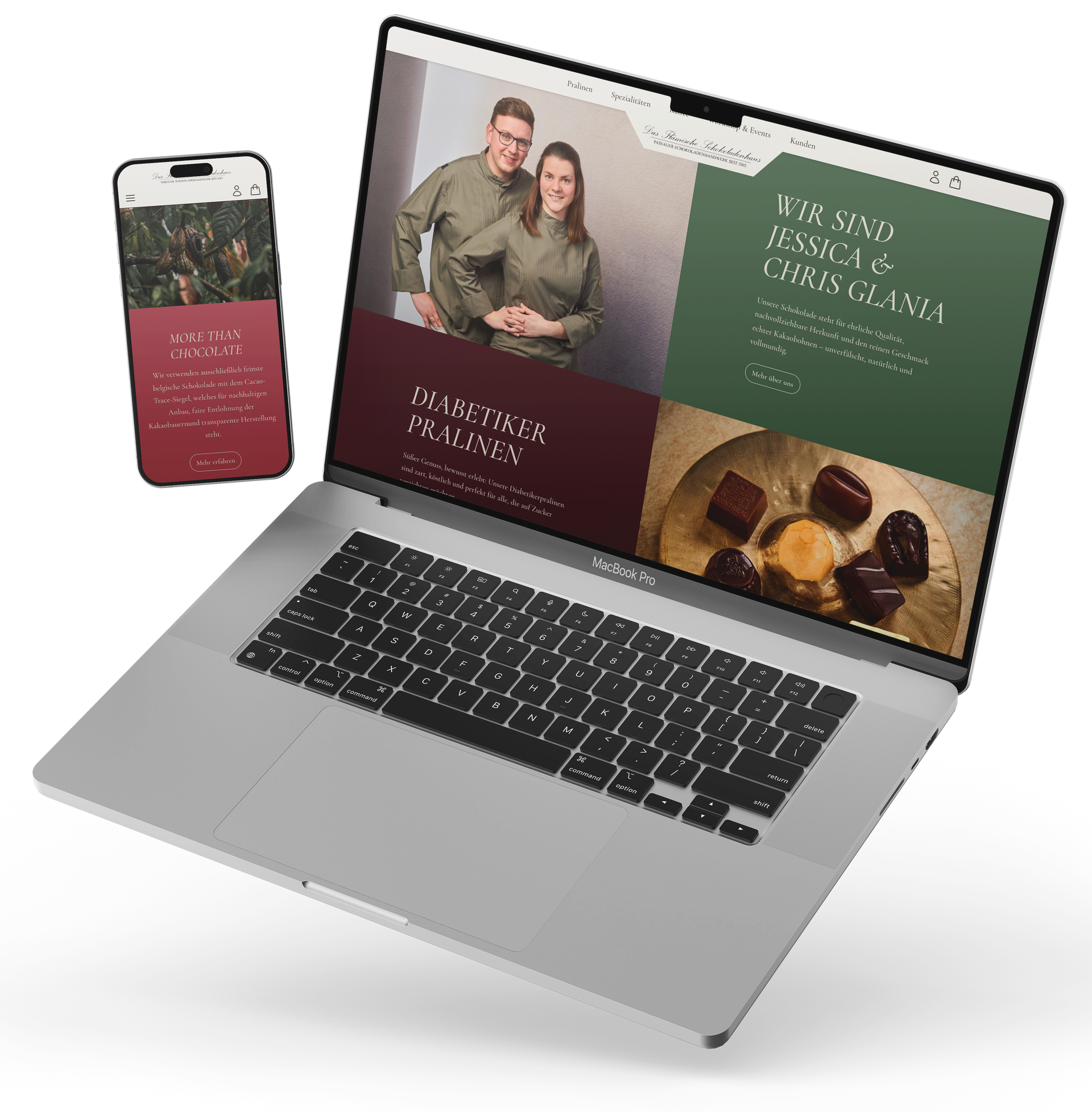 Laptop und Handy zeigen eine Webseite mit Foto eines Paares, dunkelrotes und grünes Design.
