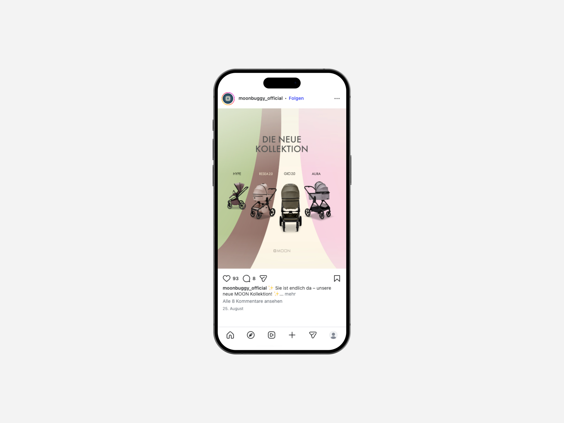 Smartphone-Bildschirm mit einer pastellfarbenen Illustration, mit App-Text und Navigationssymbolen am unteren Rand.
