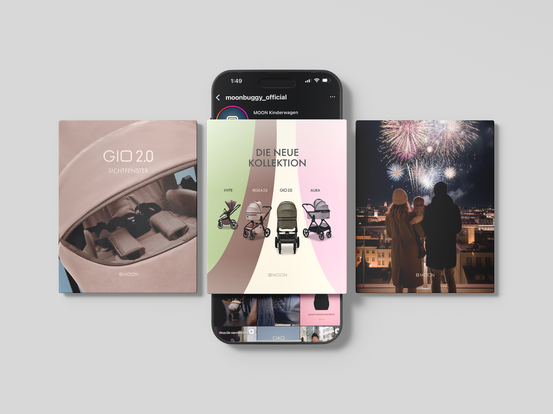 Drei quadratische Albumcover über einem Smartphone, mit pinkfarbenen und dunkel getönten Grafiken.