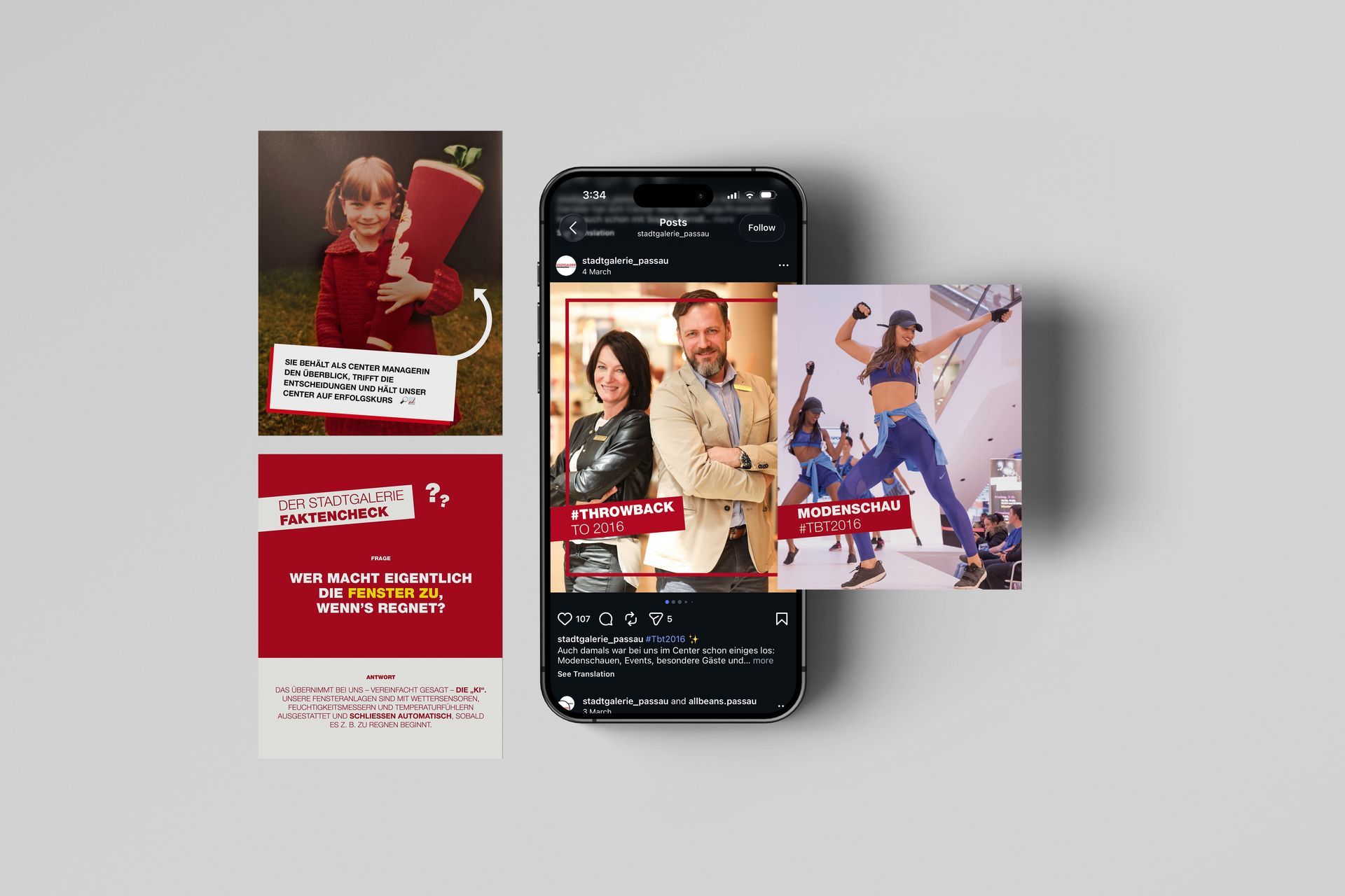 Drei Bildschirme einer mobilen App zeigen Beiträge im Social-Media-Stil mit Fotos und Text auf grauem Hintergrund.