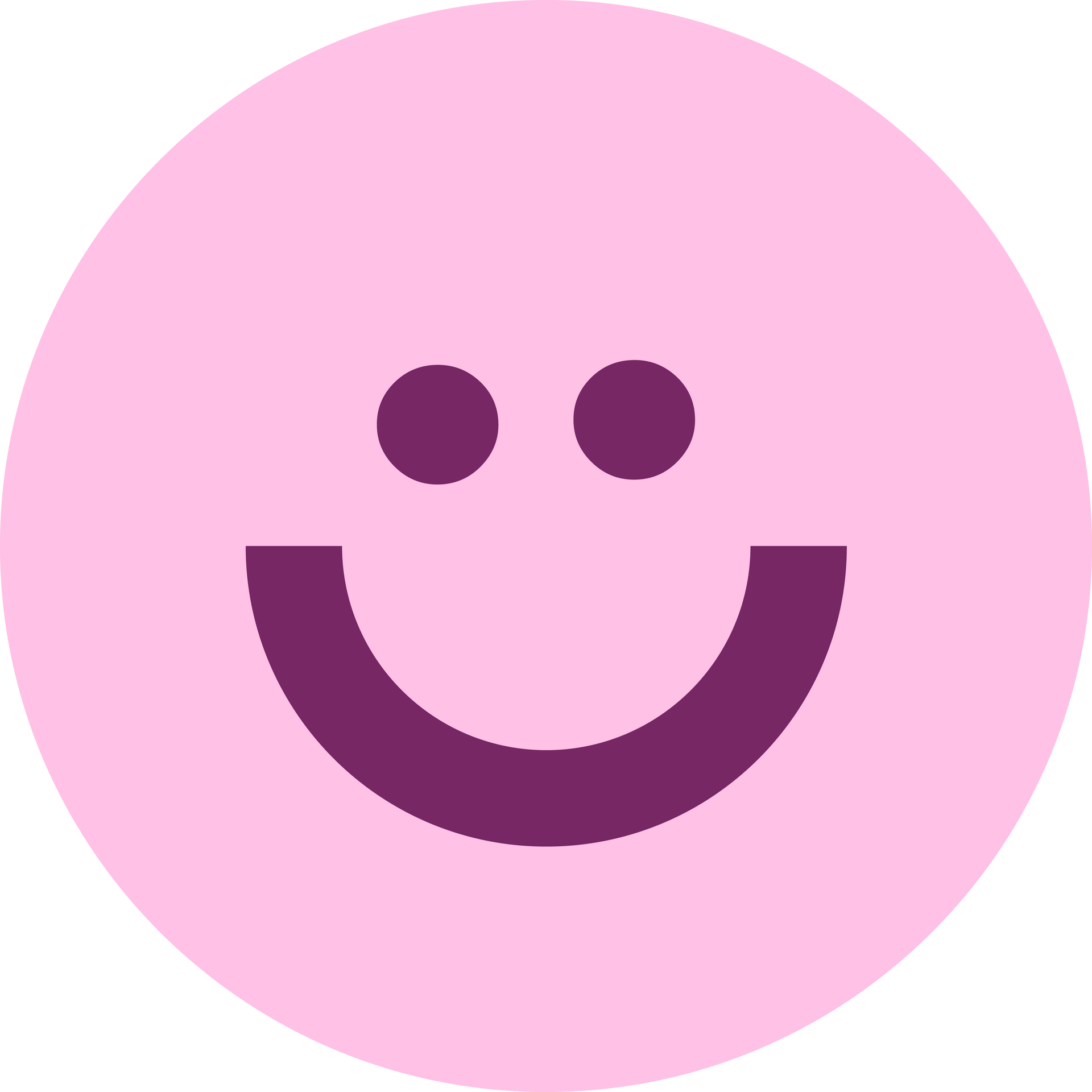Rosa Kreis mit zwei dunkelvioletten Punkten als Augen und einem dunkelvioletten, lächelnden Mund.
